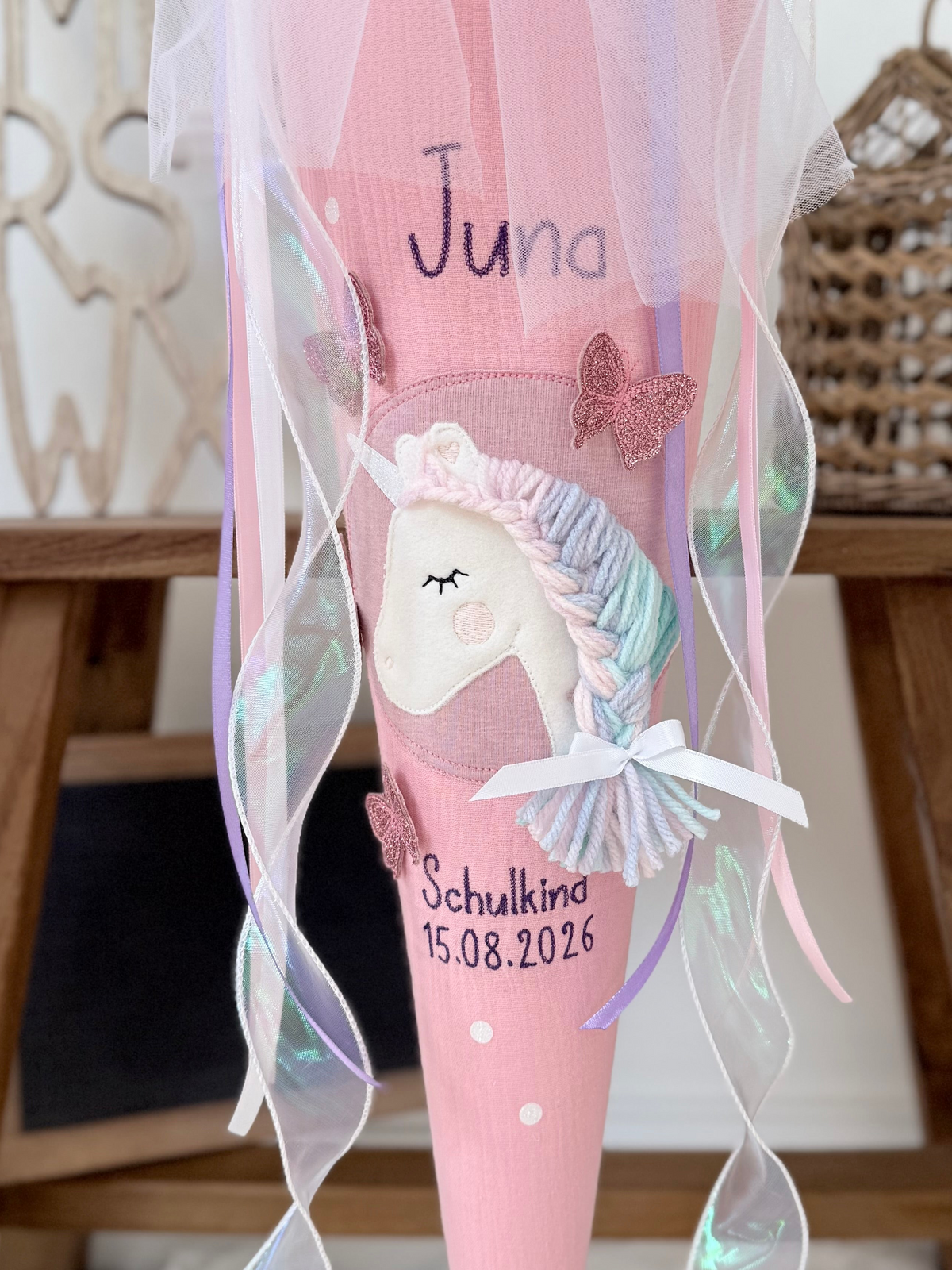 Musselin Schultüte 70cm, Einhorn mit Schmetterlingen, personalisiert- optional mit Pompon-Tüllschleife & Kissen