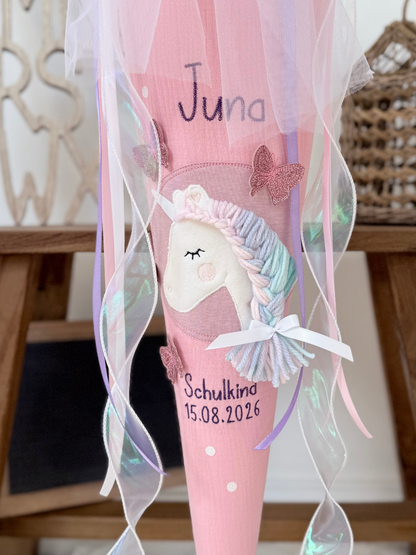 Musselin Schultüte 70cm, Einhorn mit Schmetterlingen, personalisiert- optional mit Pompon-Tüllschleife & Kissen