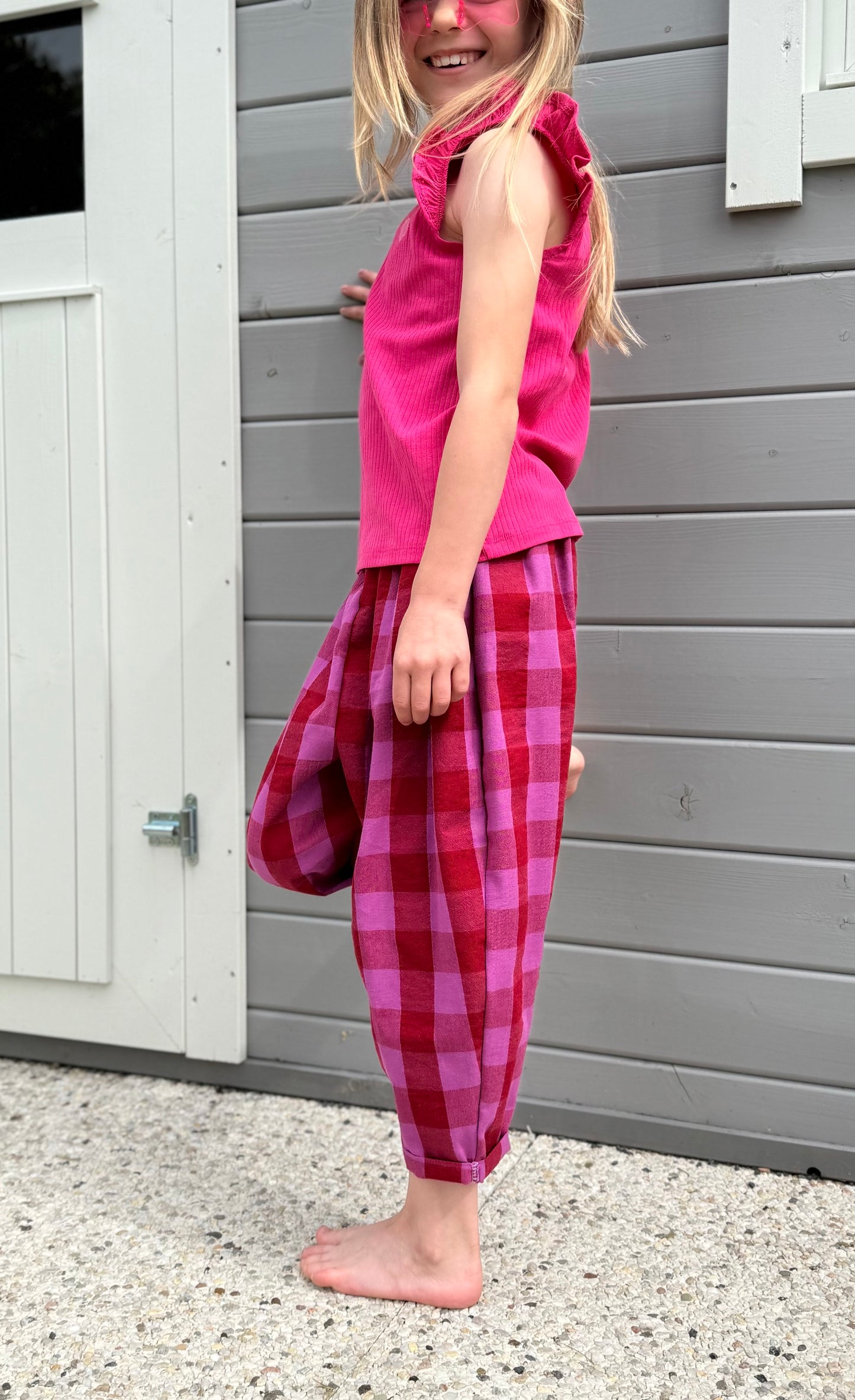 Karierte Hose, Loose Fit Hose Kinderhose, Weite Passform, Karohose Karo Rot/Pink