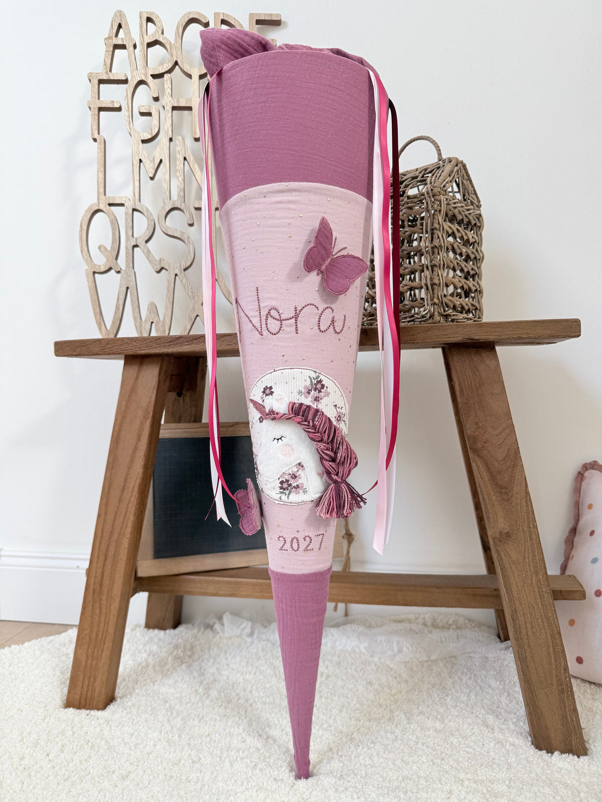 Musselin Schultüte 70cm, Einhorn mit Schmetterlingen,  Altrosa goldene Punkte, Mauve – personalisiert inkl. Rohling optional mit Pompon-Tüllschleife & Inlett Kissen