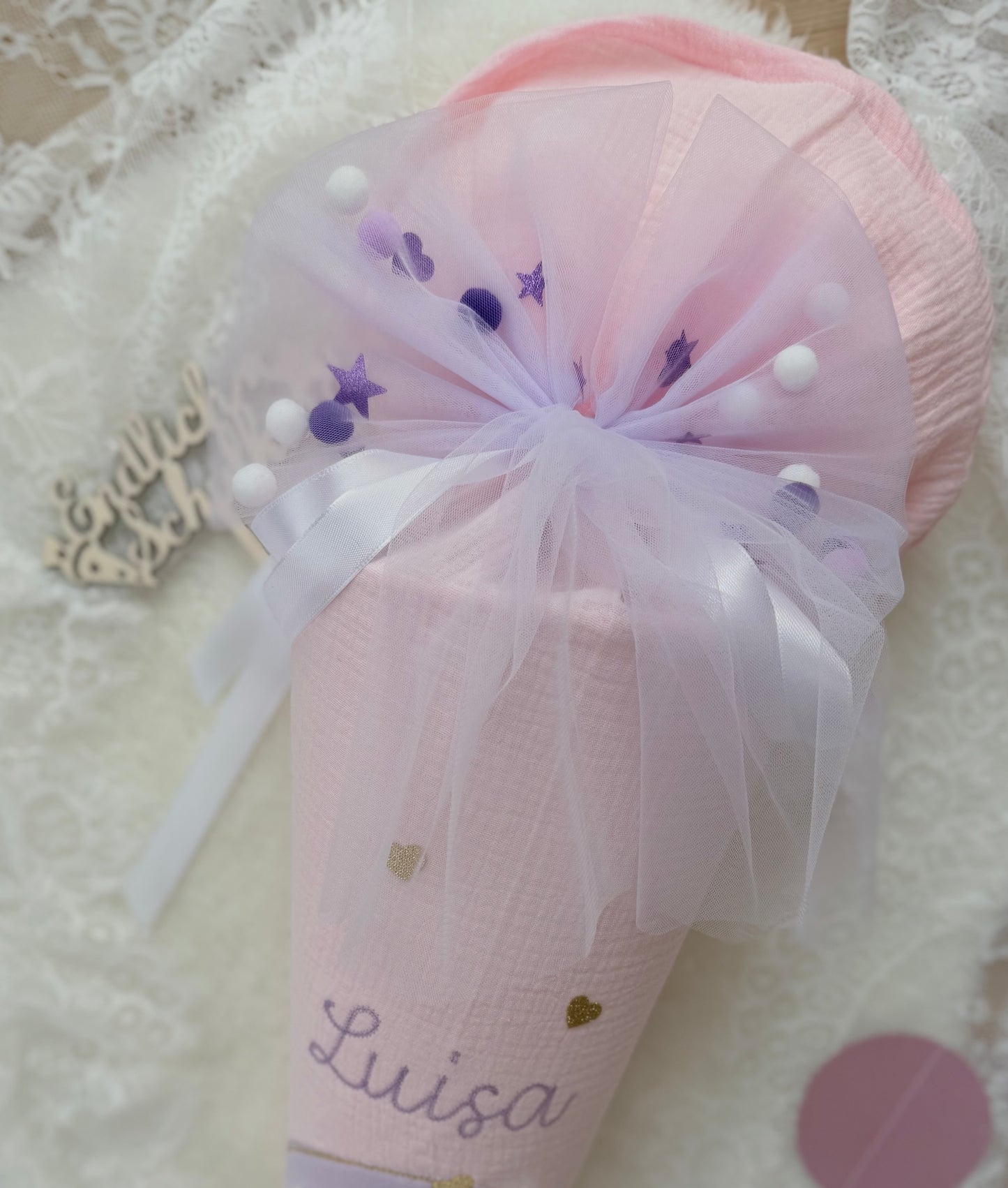 Musselin Schultüte 70 cm | weißer Hund | Welpe | Kisseninlett