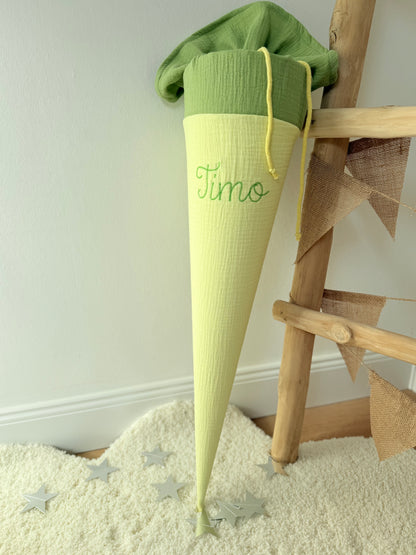 Basic Musselin Schultüte, Unifarben zweifarbig - viele Farben, personalisierbar, optimal mit Inlett-Kissen