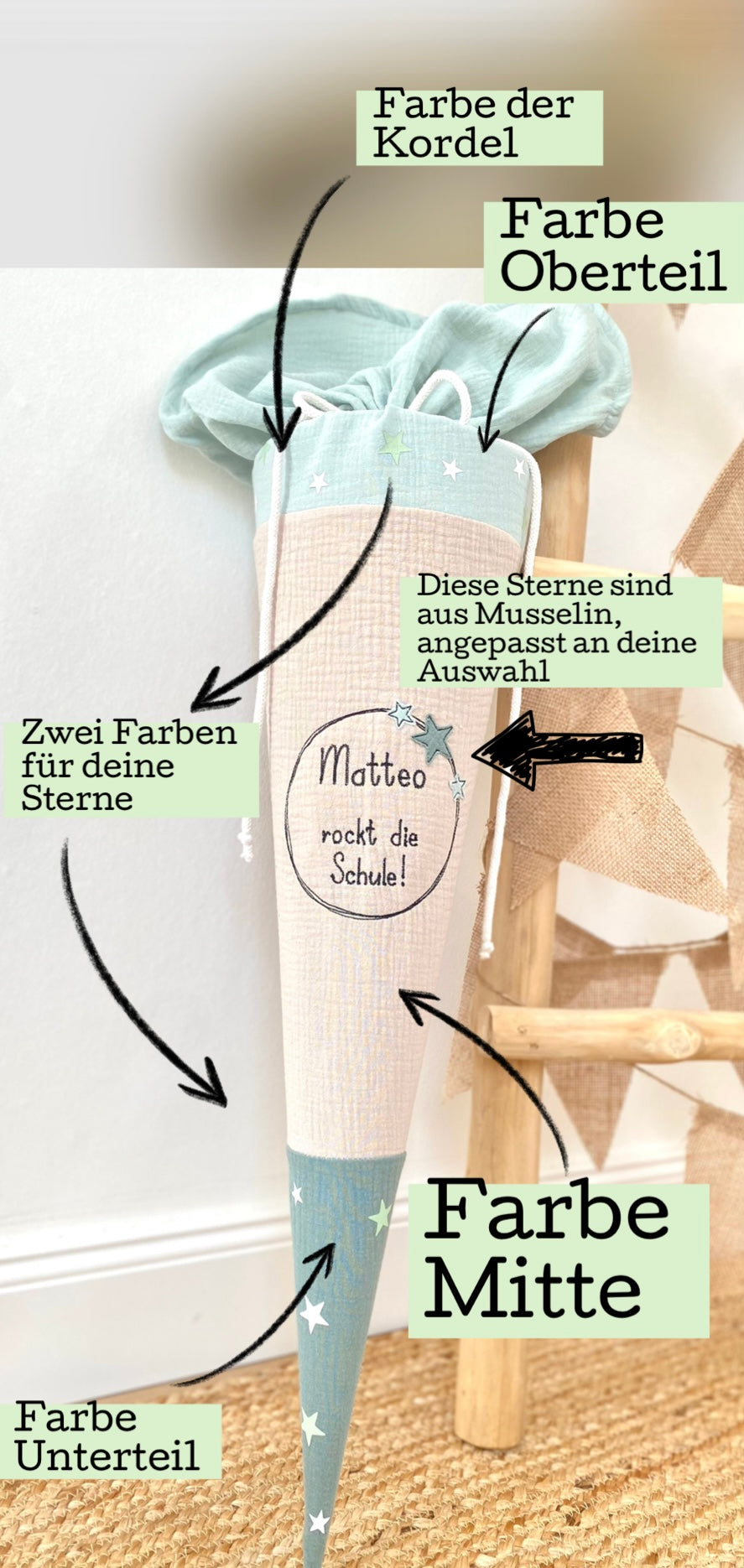 Dein Design | 70 cm Musselin Schultüte  „rockt die Schule!“ | Color Blocking | Kissen Inlett