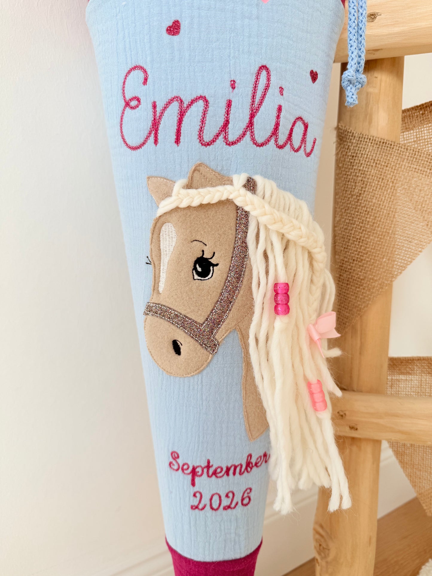Musselin Schultüte für Mädchen mit Pferd | Haflinger – personalisiert inkl. Rohling optional mit Inlett Kissen | Schultüte aus Stoff