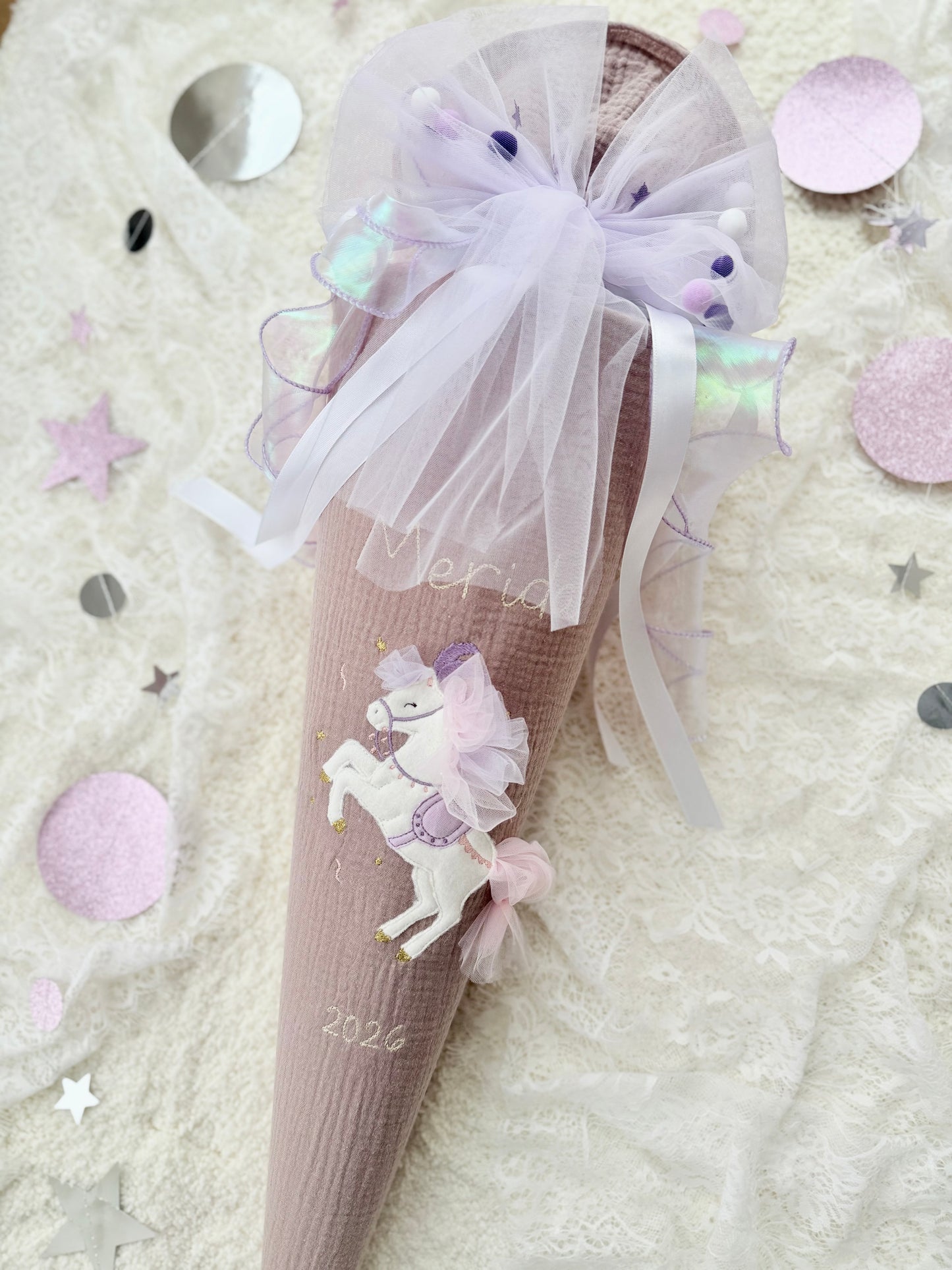 Zirkuspferd Musselin Schultüte 70 cm inkl. Pompon-Tüllschleife, personalisierbar zur Einschulung optional Kissen-Inlett