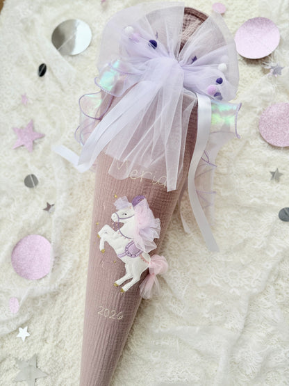 Zirkuspferd Musselin Schultüte 70 cm inkl. Pompon-Tüllschleife, personalisierbar zur Einschulung optional Kissen-Inlett