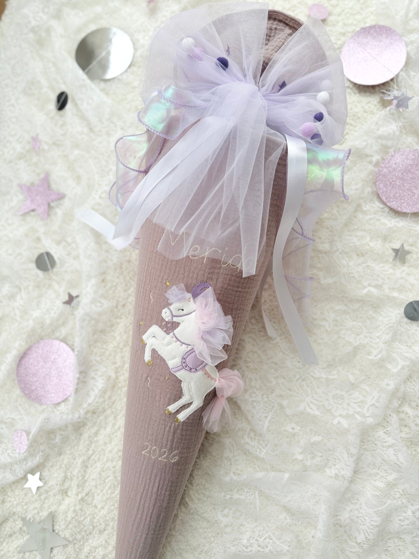 Zirkuspferd Musselin Schultüte 70 cm inkl. Pompon-Tüllschleife, personalisierbar zur Einschulung optional Kissen-Inlett
