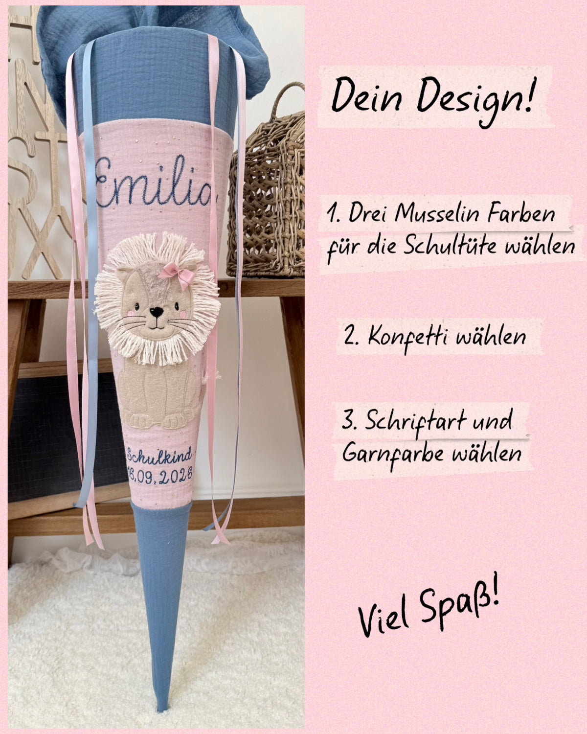 Dein Design Musselin Schultüte Löwin 70 cm, personalisiert- optional mit Kissen