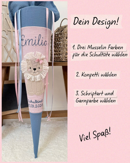 Dein Design Musselin Schultüte Löwin 70 cm, personalisiert- optional mit Kissen