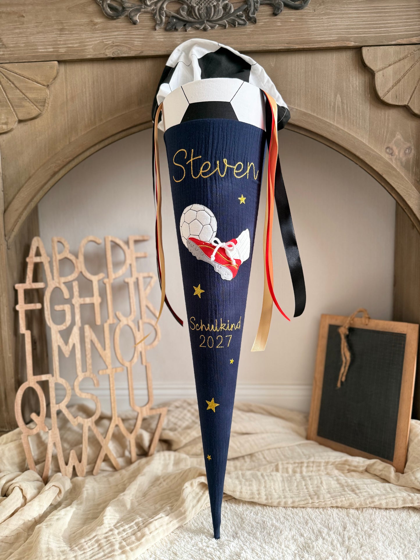 Musselin Schultüte 70 cm für Jungen, Fußball Schultüte - optional mit Inlettkissen, Schultüte aus Stoff