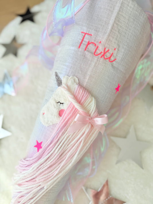 Knallige Schultüte 70 cm | Einhorn | Regenbogen Musselin | Neonpink | Holographische Effekte | Kissen Inlett