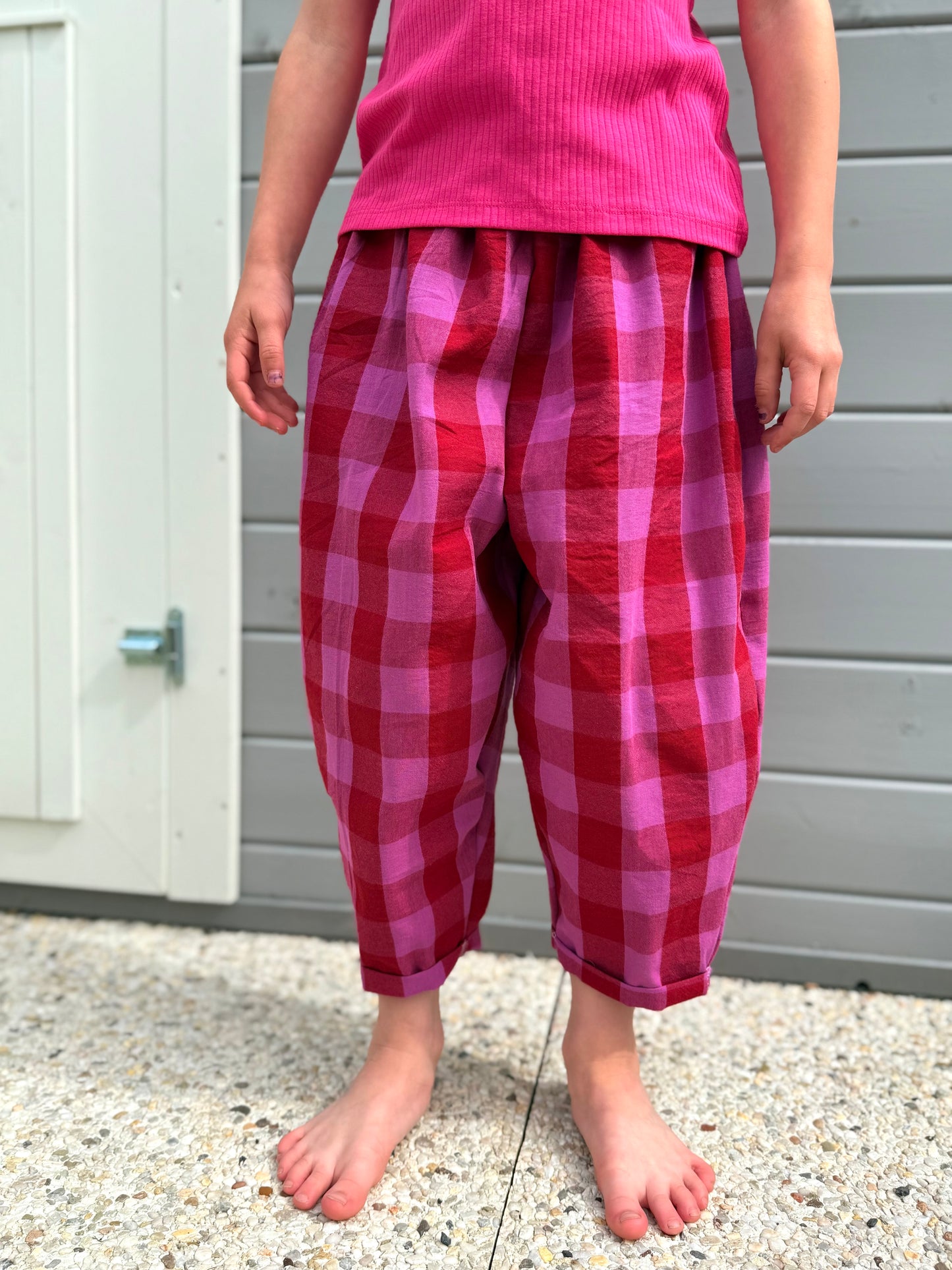 Karierte Hose, Loose Fit Hose Kinderhose, Weite Passform, Karohose Karo Rot/Pink