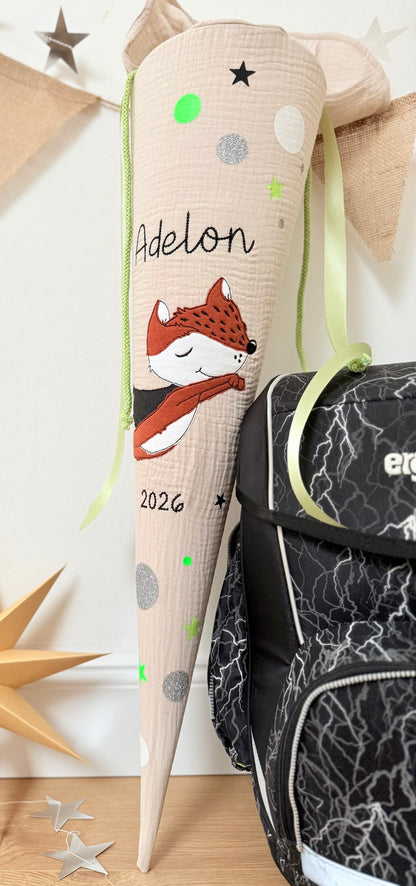 Musselin Schultüte 70 cm | Superhelden schlauer Fuchs | Kissen Inlett