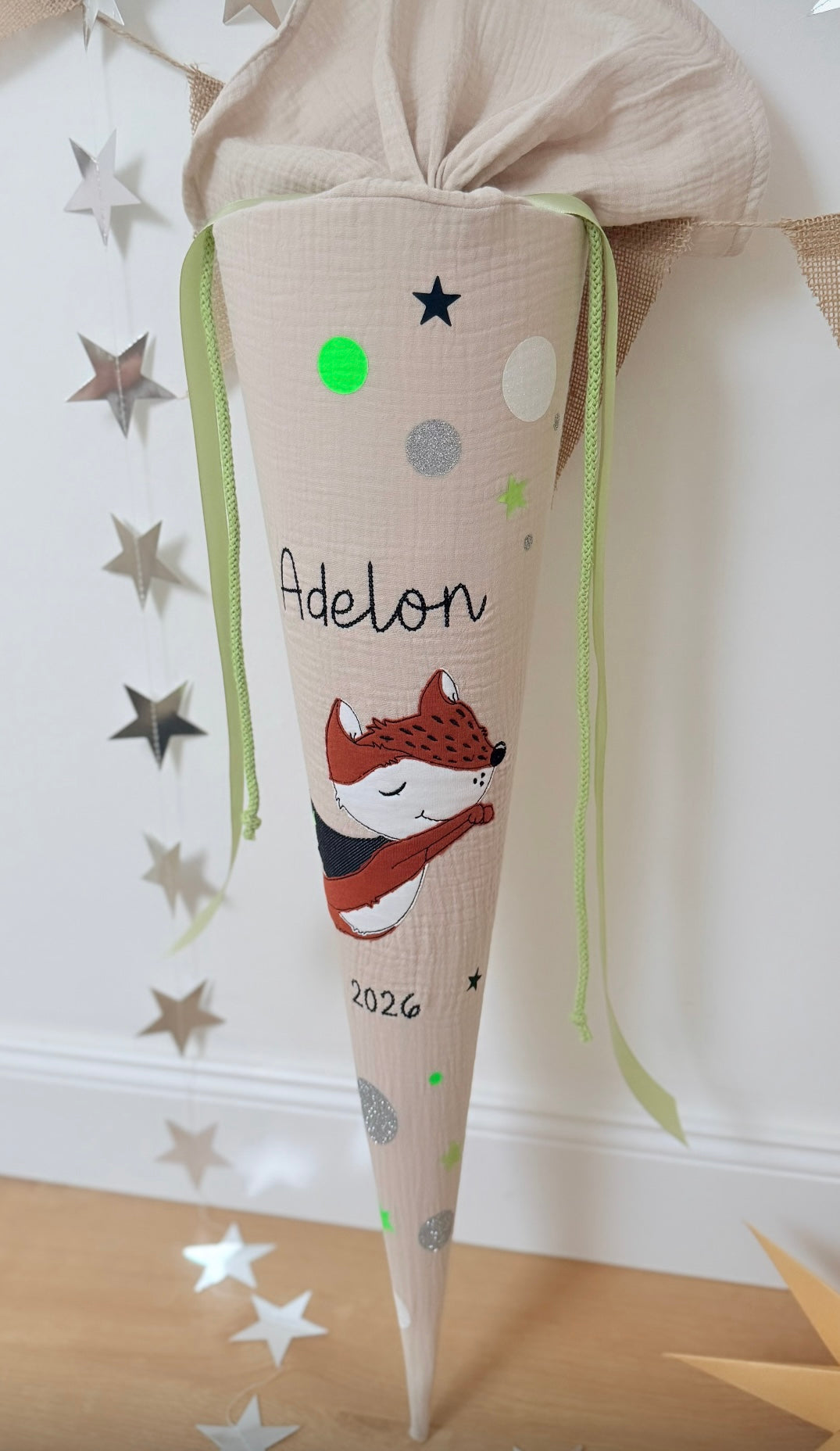 Musselin Schultüte 70 cm | Superhelden schlauer Fuchs | Kissen Inlett