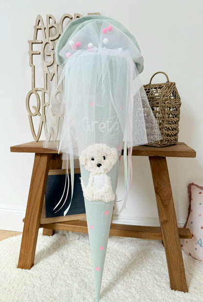 Musselin Schultüte 70 cm Mint, Rosa Herzen, Hund, Welpe zur Einschulung für Mädchen, optional mit Pompon-Tüllschleife und Kisseninlett