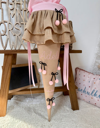 Musselin Schultüte Beige Gold für Mädchen 70 cm mit Kirschen, optional mit Kisseninlett