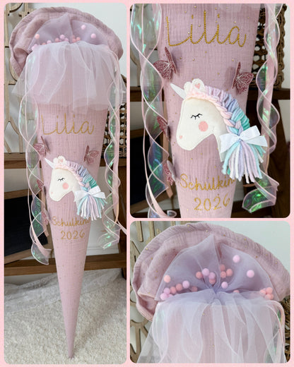 Musselin Schultüte Altrosa goldene Punkte für Mädchen 70cm, Einhorn mit Schmetterlingen – personalisiert inkl. Rohling optional mit Inlett Kissen | Schultüte aus Stoff