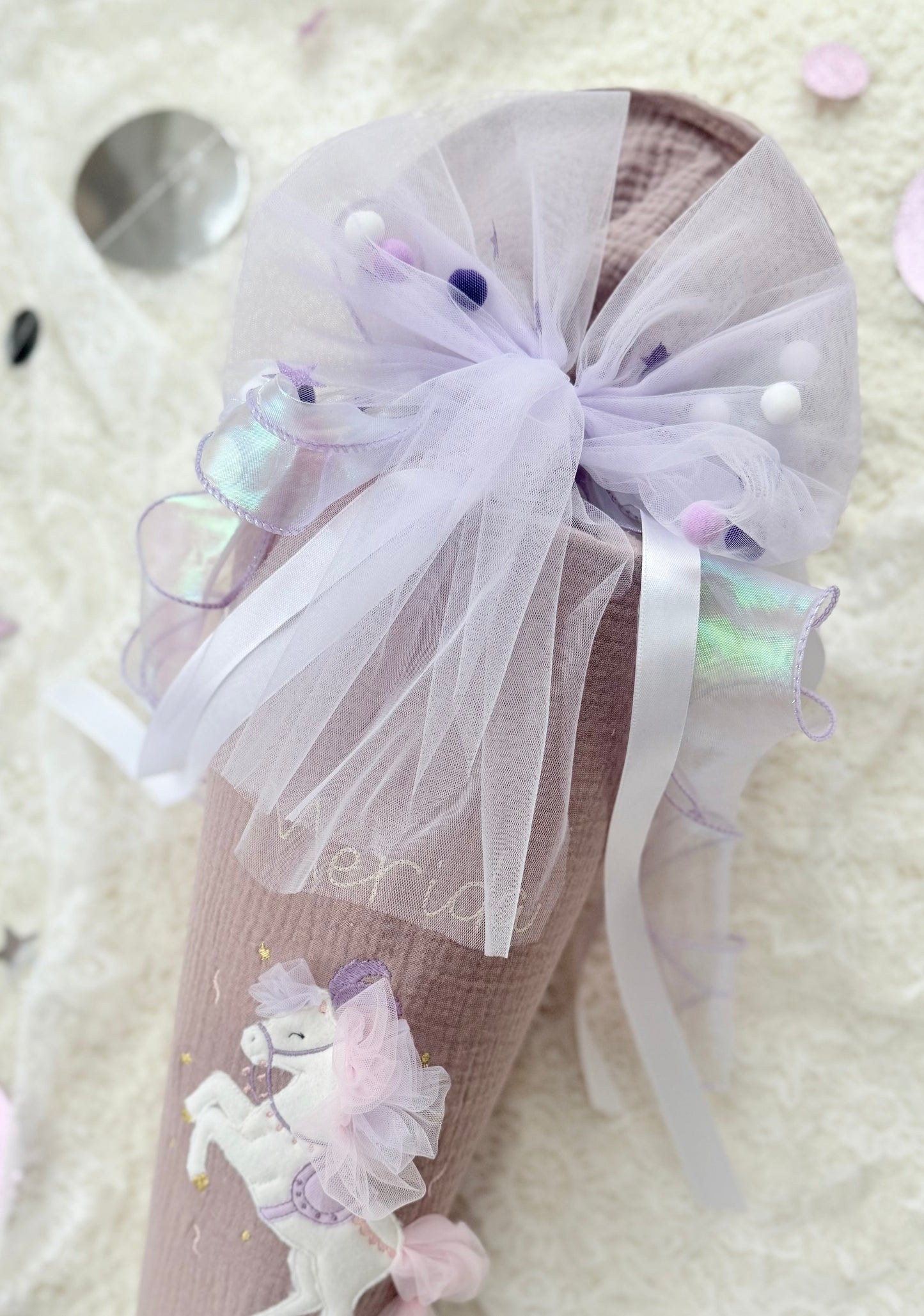 Zirkuspferd Musselin Schultüte 70 cm inkl. Pompon-Tüllschleife, personalisierbar zur Einschulung optional Kissen-Inlett