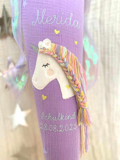 Musselin Schultüte 70 cm | Einhorn Regenbogenmähne | Hologramm Schleifenband | Kissen Inlett
