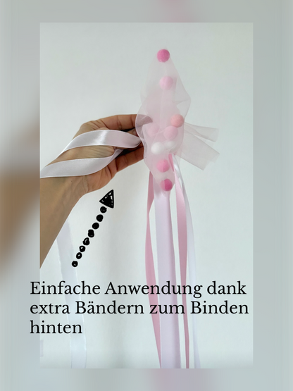 Pompon-Tüllschleife, Rosa mit Holoband, Schleife passend für Schultüten ab 70 cm, Kita- & Geschwistertüten ab 35 cm