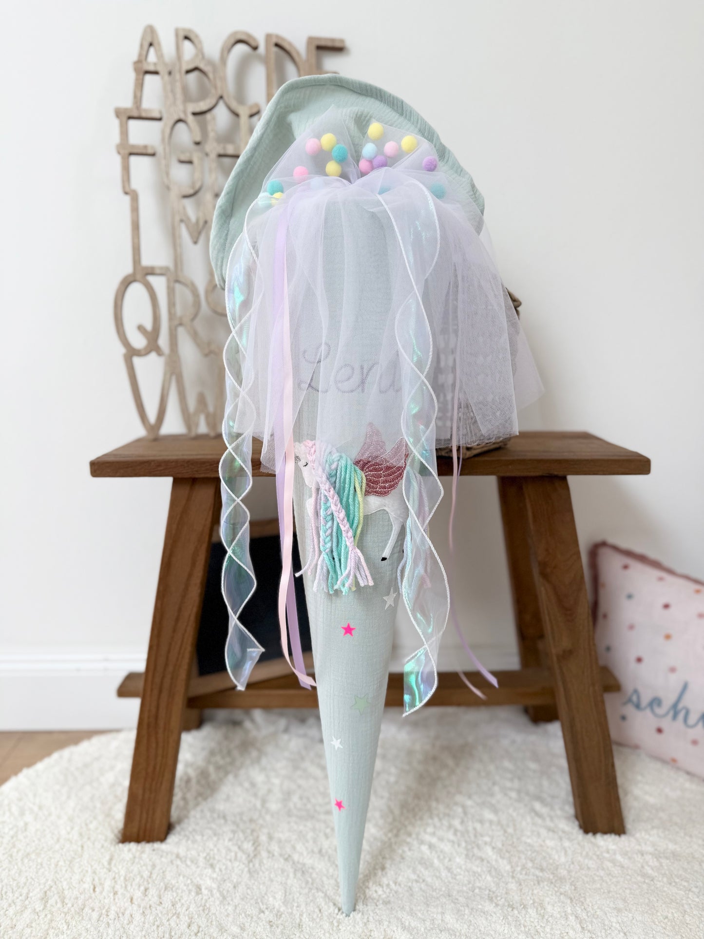 Pompon-Tüllschleife Rosa für Schultüten ab 70 cm & 35 cm, Schleife für Schultüten Kita- und Geschwistertüten