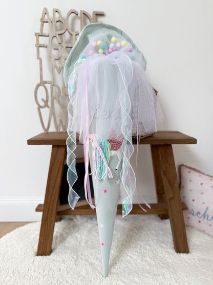 Pompon-Tüllschleife Rosa für Schultüten ab 70 cm & 35 cm, Schleife für Schultüten Kita- und Geschwistertüten