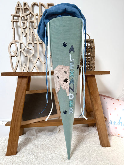 Dein Design Musselin Schultüte 70 cm, Hund – personalisiert inkl. Rohling, optional mit Kissen