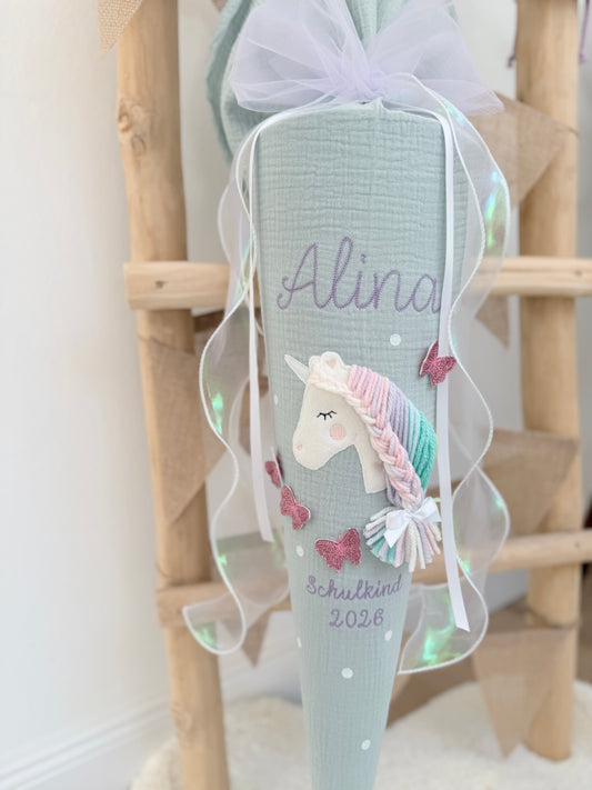 Musselin Schultüte für Mädchen 70cm, Einhorn mit Schmetterlingen – personalisiert inkl. Rohling optional mit Inlett Kissen | Schultüte aus Stoff