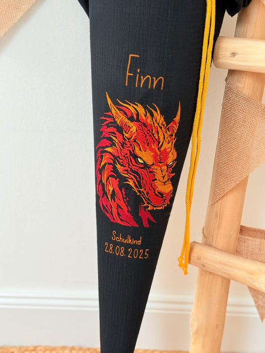 Musselin Schultüte 70 cm | Feuerdrache Drache | Kissen Inlett