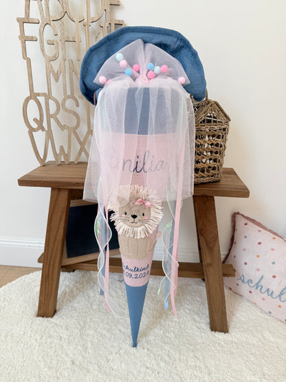 Musselin Schultüte 70 cm Löwin, personalisiert- optional mit Kissen