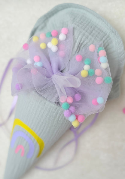 Pompon-Schleife Tüllschleife für Geschwistertüte Kitatüte & weiterführende Schule