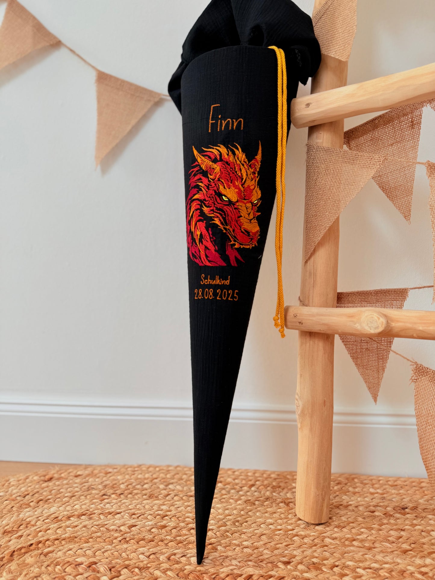 Musselin Schultüte 70 cm | Feuerdrache Drache | Kissen Inlett