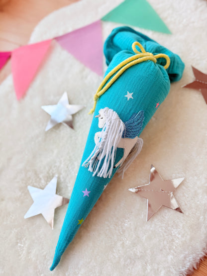 Dein Design | Musselin Geschwistertüte Schultüte 35 cm | Einhorn mit Flügeln | Pegasus | Regenbogenmähne | Kissen Inlett