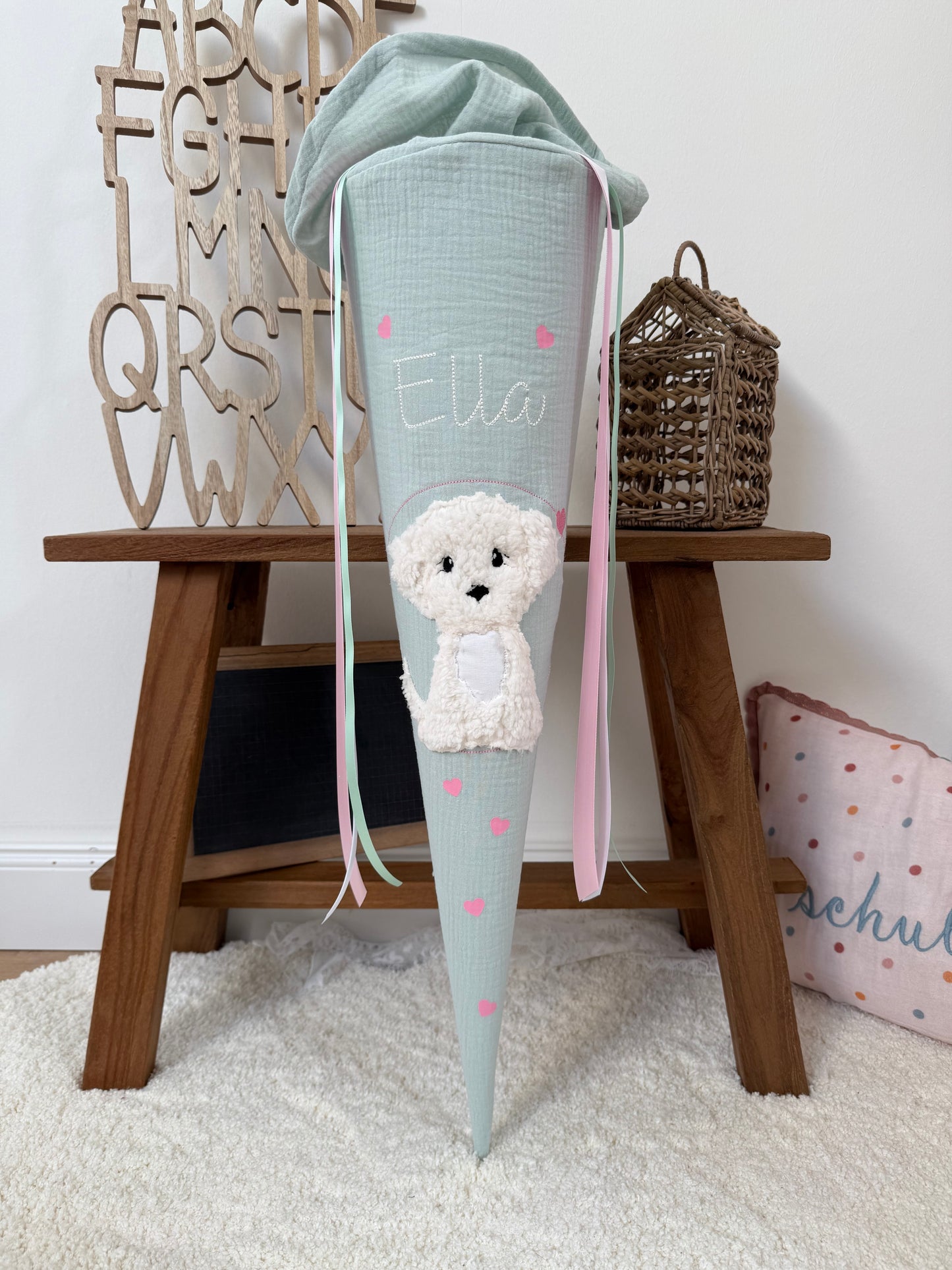 Musselin Schultüte 70 cm Mint, Rosa Herzen, Hund, Welpe zur Einschulung für Mädchen, optional mit Pompon-Tüllschleife und Kisseninlett