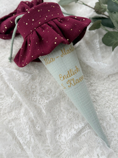 Basic Musselin Schultüte mit Rüsche und goldenen Punkten 70 cm, viele Farben, personalisierbar, Kisseninlett optional
