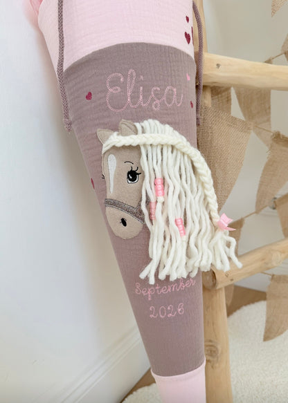 Musselin Schultüte für Mädchen mit Pferd | Haflinger – personalisiert inkl. Rohling optional mit Inlett Kissen | Schultüte aus Stoff