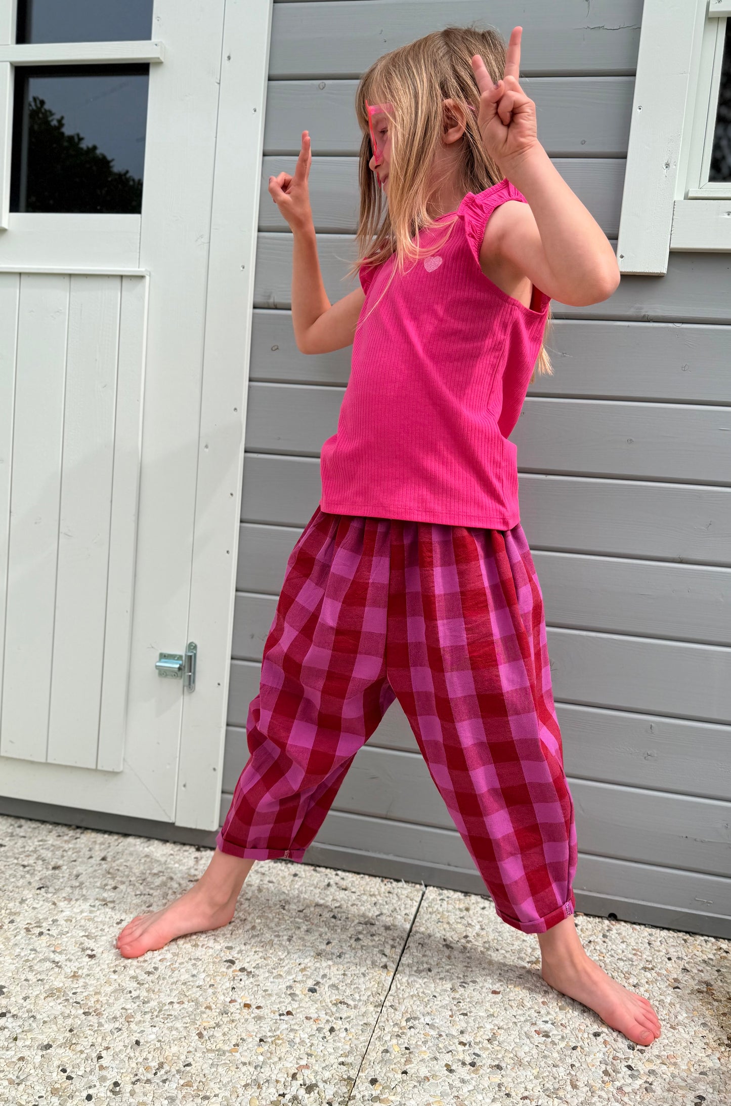 Karierte Hose, Loose Fit Hose Kinderhose, Weite Passform, Karohose Karo Rot/Pink