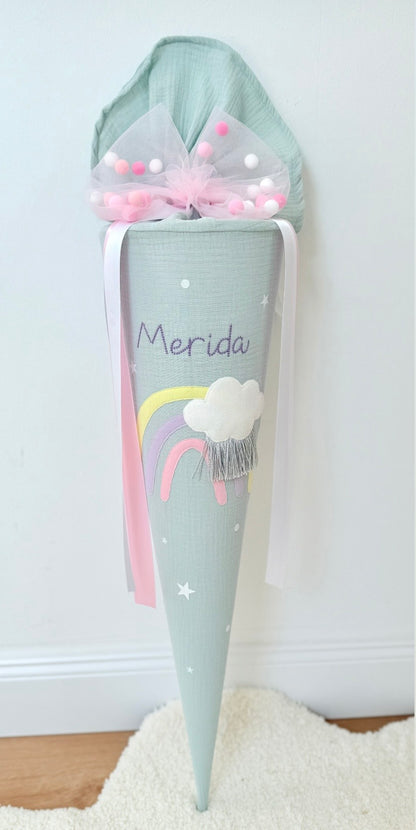 Musselin Schultüte für Mädchen mit Regebogen Wolke silberner Regen, Tüllschleife | personalisiert inkl. Rohling optional mit Inlett Kissen | Schultüte aus Stoff