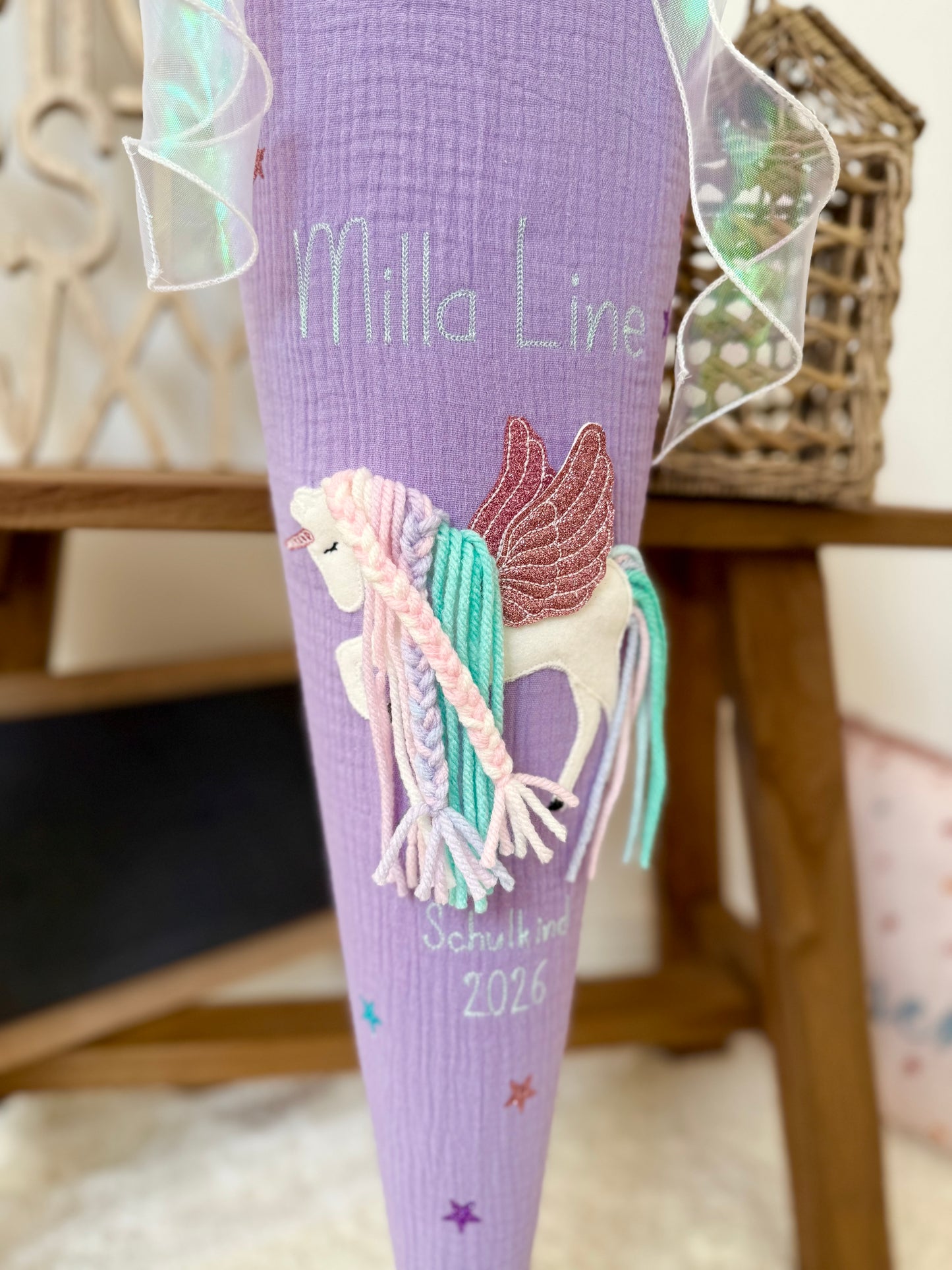 Dein Design | Musselin Schultüte Pegasus 70 cm & Geschwistertüte 35 cm zum selber gestalten | Einhorn mit Flügeln, optional mit Inlettkissen