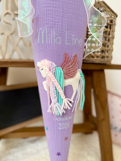 Dein Design | Musselin Schultüte Pegasus 70 cm & Geschwistertüte 35 cm zum selber gestalten | Einhorn mit Flügeln, optional mit Inlettkissen