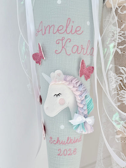 Musselin Schultüte für Mädchen 70cm, Einhorn mit Schmetterlingen – personalisiert inkl. Rohling optional mit Inlett Kissen | Schultüte aus Stoff
