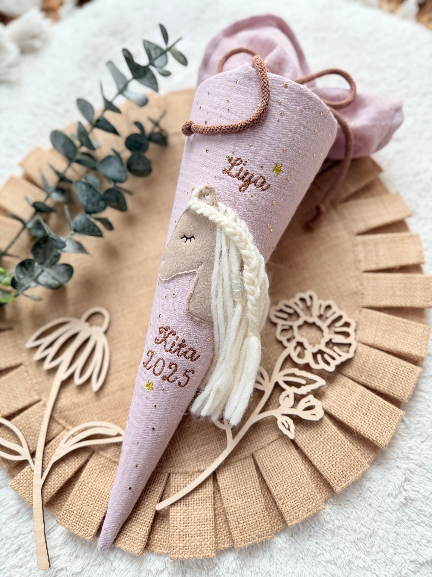 Geschwistertüte 35 cm | Kitatüte | Haflinger | Pony | Fohlen | Musselin mit goldenen Punkten | Kissen Inlett