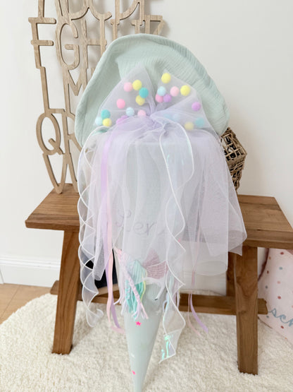 Pompon-Tüllschleife Rosa für Schultüten ab 70 cm & 35 cm, Schleife für Schultüten Kita- und Geschwistertüten