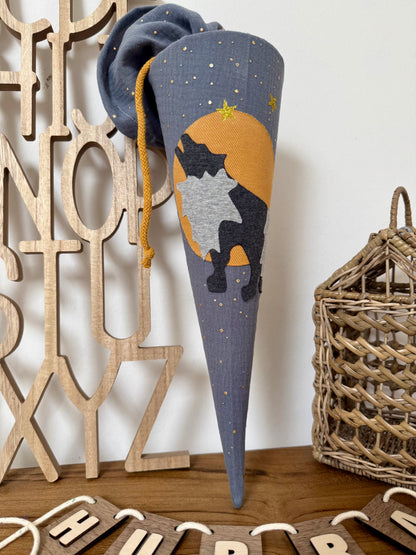 Musselin Geschwistertüte Wolf 35 cm, Sternenhimmel handgemacht – Kita Geschenk Idee, kleine Schultüte - optional mit Kissen-Inlett