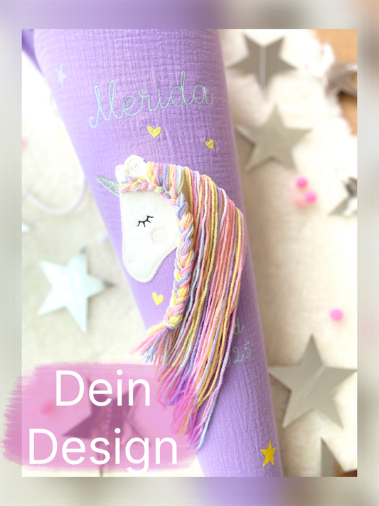 Dein Design Musselin Schultüte 70 cm | Einhorn Regenbogenmähne | Kissen Inlett