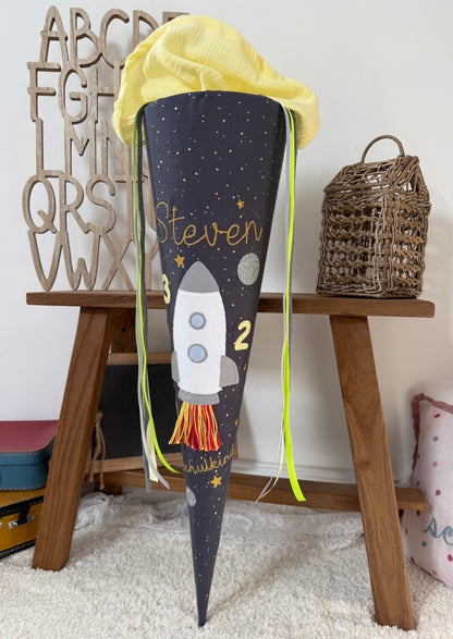 Musselin Schultüte 70 cm Raketenstart mit Countdown, Rakete, Weltraum, gold Effekte, personalisiert- optional mit Kissen