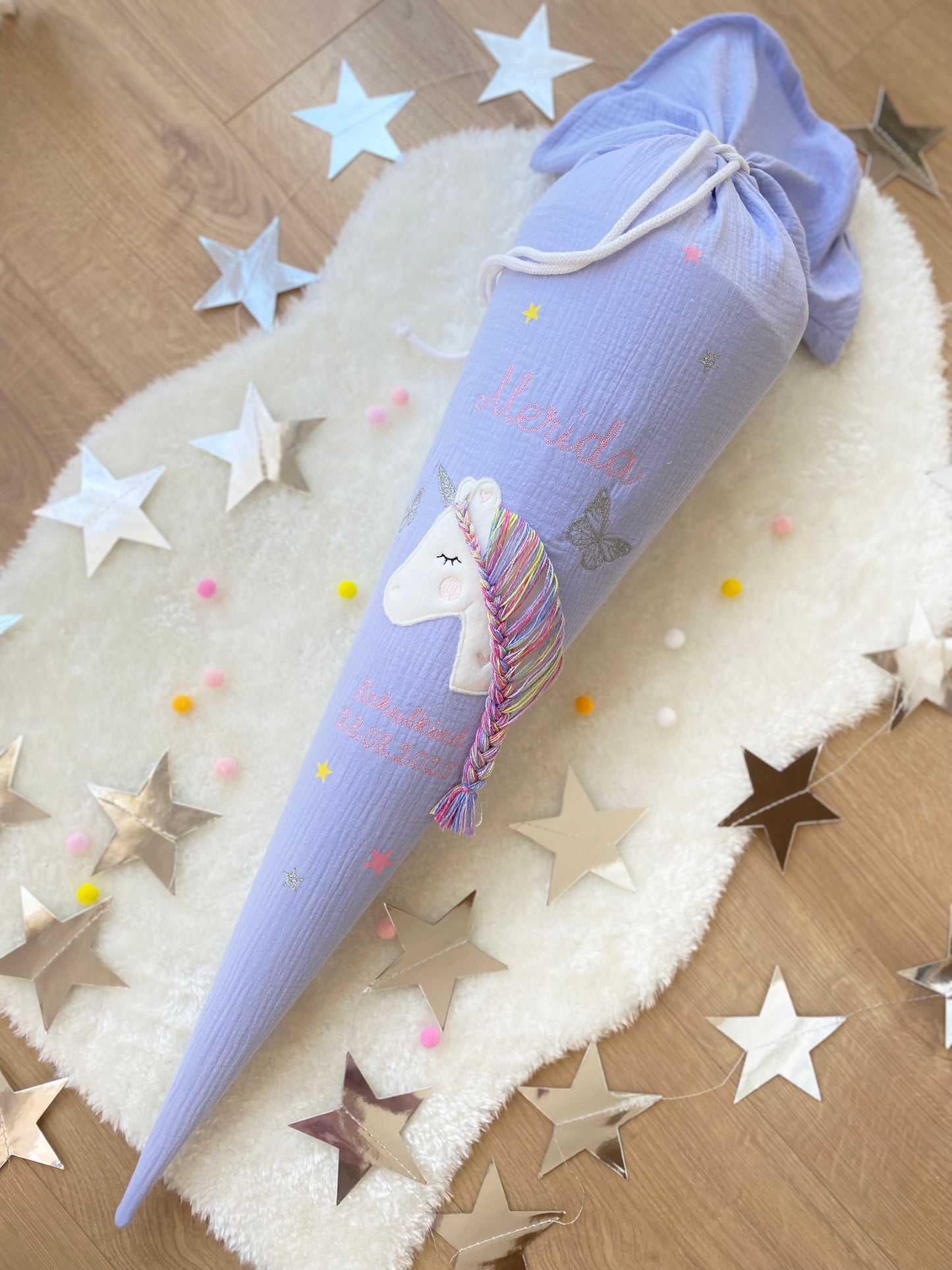 Musselin Schultüte 70 cm | Soft Dezent Pastel | Einhorn Glitzer Regenbogen Mähne | Kissen Inlett