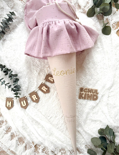 Basic Musselin Schultüte mit Rüsche und goldenen Punkten 70 cm, viele Farben, personalisierbar, Kisseninlett optional