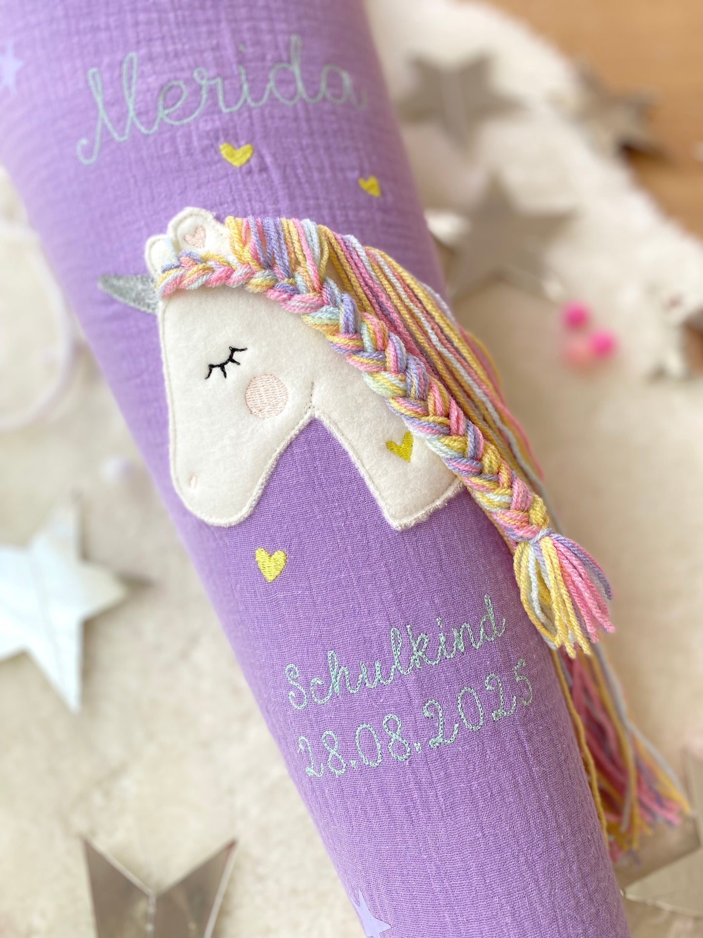 Musselin Schultüte 70 cm | Einhorn Regenbogenmähne | Kissen Inlett