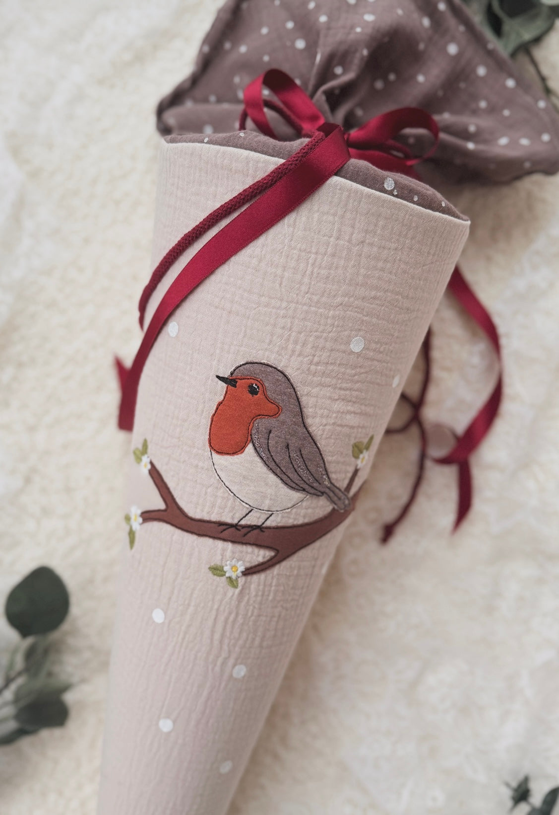 Musselin Schultüte Vogel Motiv Rotkehlchen für Mädchen , personalisierte Schultüte aus Stoff inkl. Kisseninlett